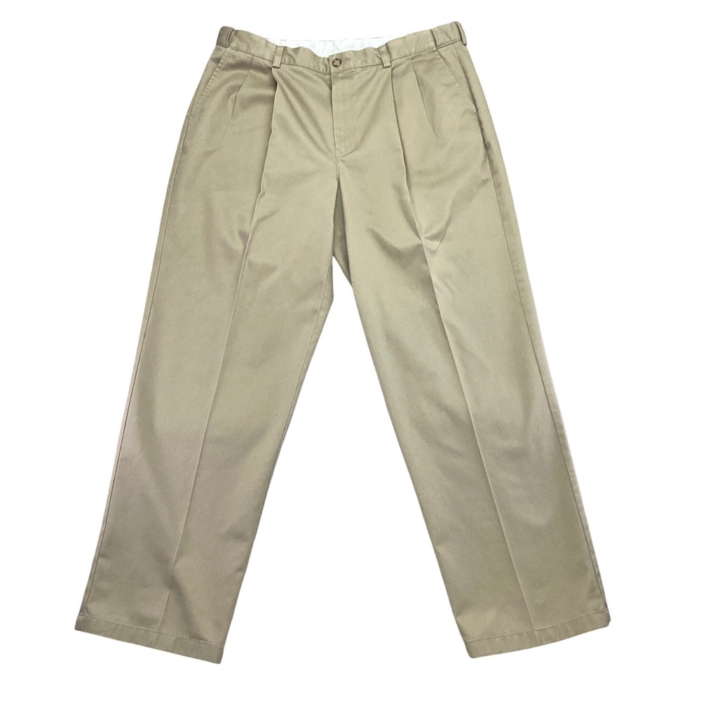 LL Bean Mens 38x32 Comfort Waist Pleated Chino Pants Khaki Cotton Twill 1136